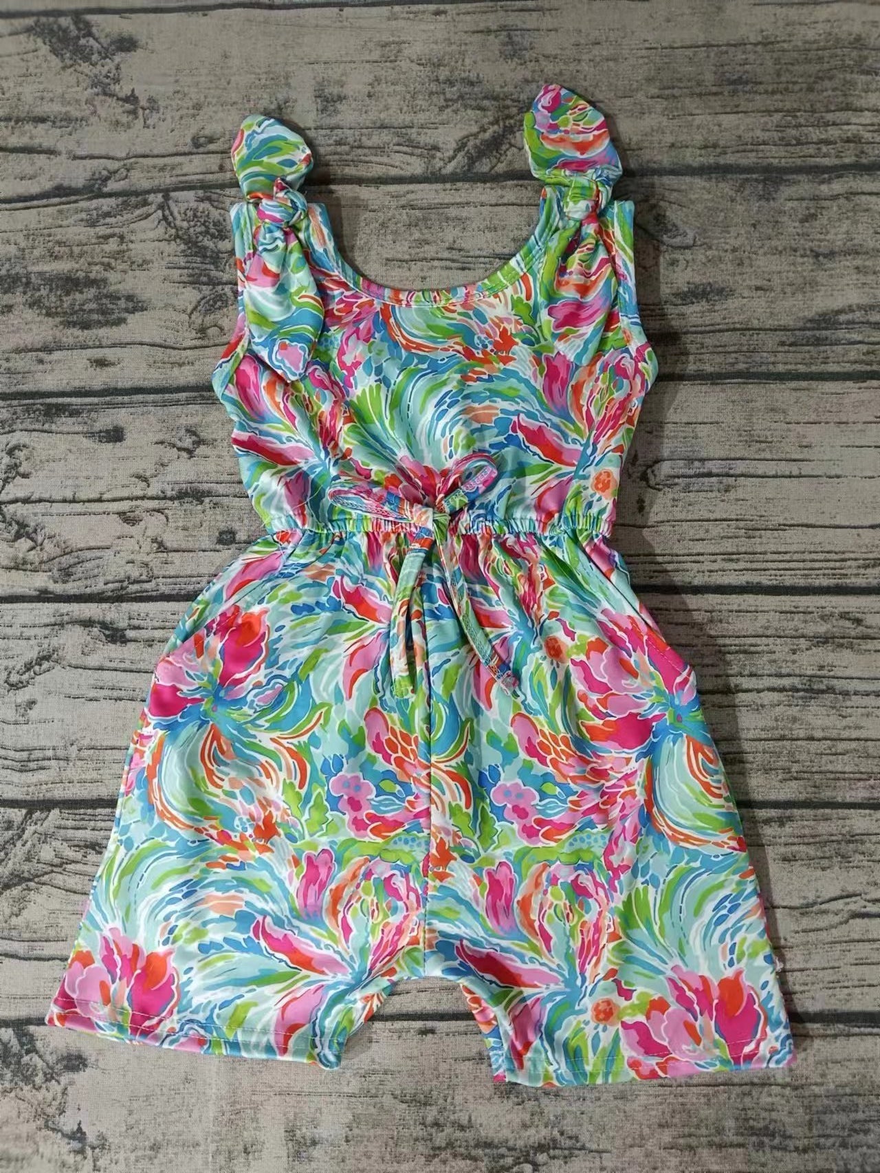 Moq 5 Baby Girl Sleeveless Colorful Floral Pocket Shorts One piece Jumpsuit