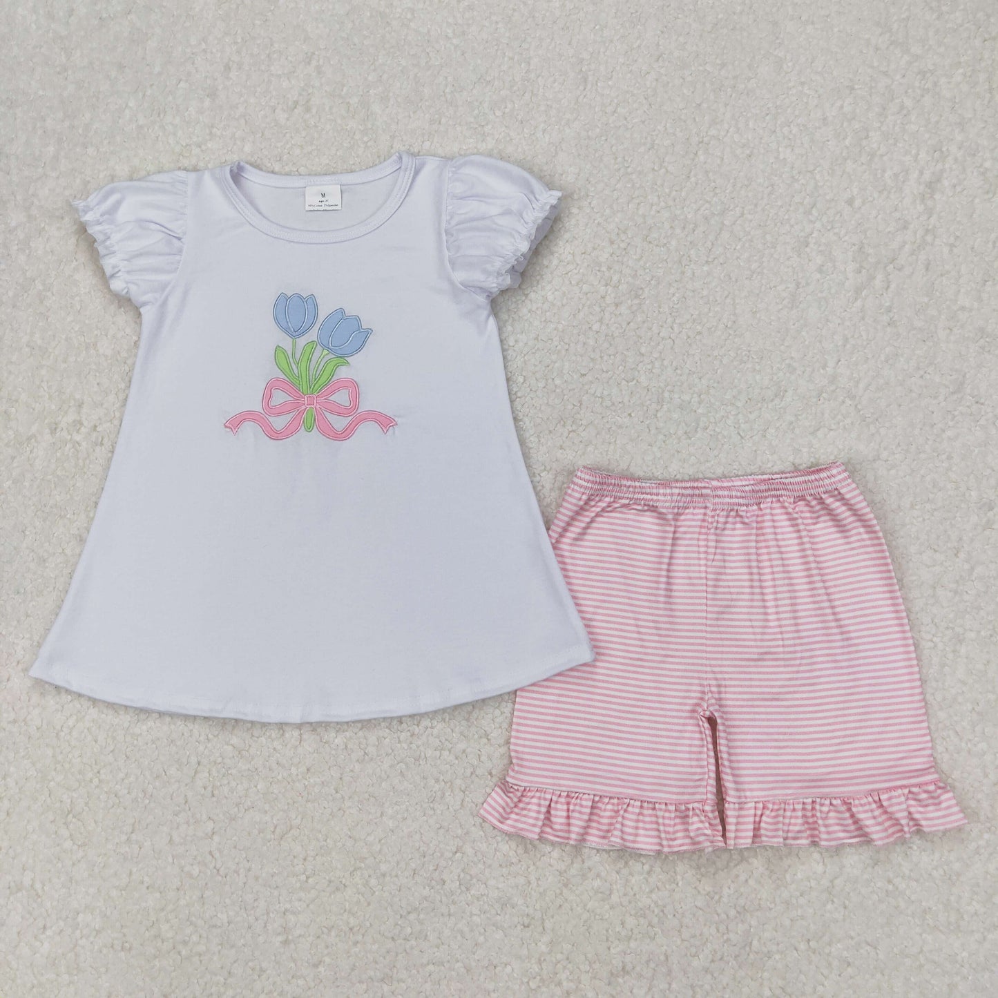 Baby Girl Short Sleeves Embroidery Flower Bow Shirt Pink Ruffle Shorts Clothes Set RTS