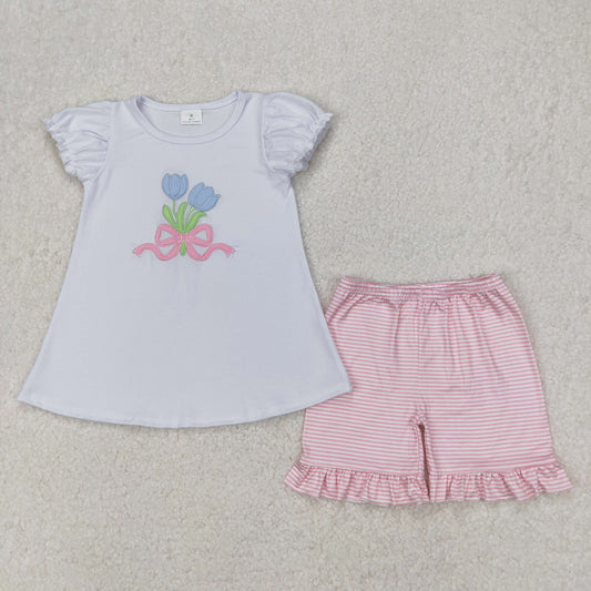 Baby Girl Short Sleeves Embroidery Flower Bow Shirt Pink Ruffle Shorts Clothes Set RTS