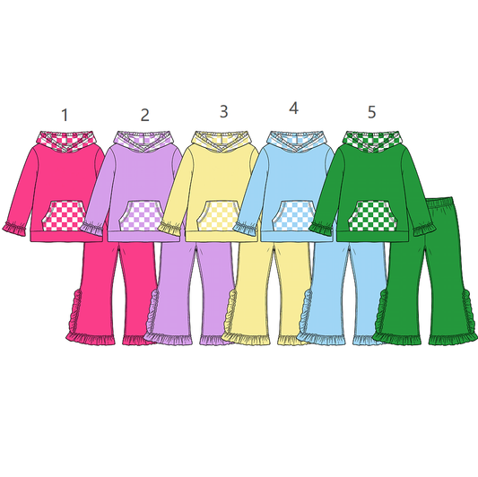 ( Moq 5 Each Style ) Sibling Baby Girls Kids Long Sleeves Checked Pockets Hoodie Pullovers Pants Sets Clothes