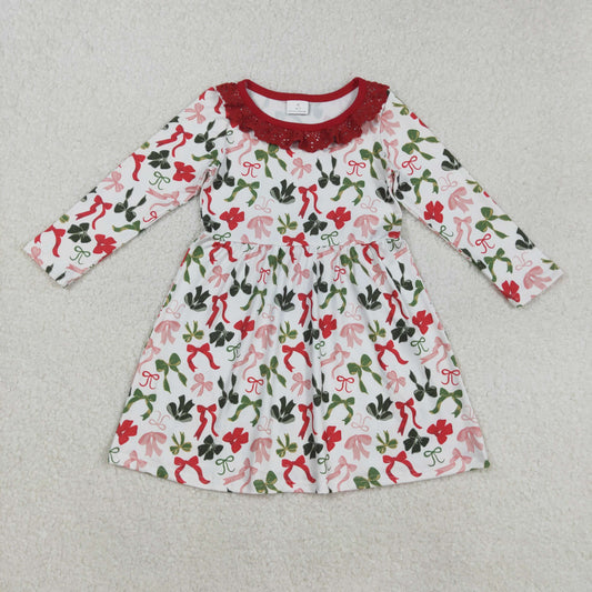 Baby Girl Long Sleeves Bows Christmas Lace Ruffle Knee Length Dress RTS