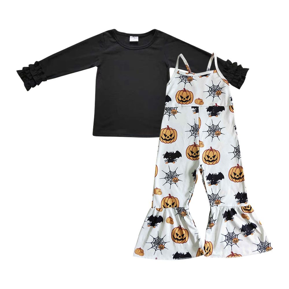 Baby Girl Black Long Sleeves Cotton Shirt Pumpkin Overall Halloween Outfit