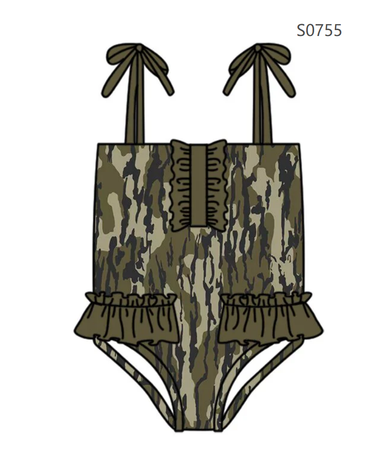 ( Moq 5 ) Preorder Baby Girls Kids Sleeveless Camo Ruffle Summer One-piece Swimsuit