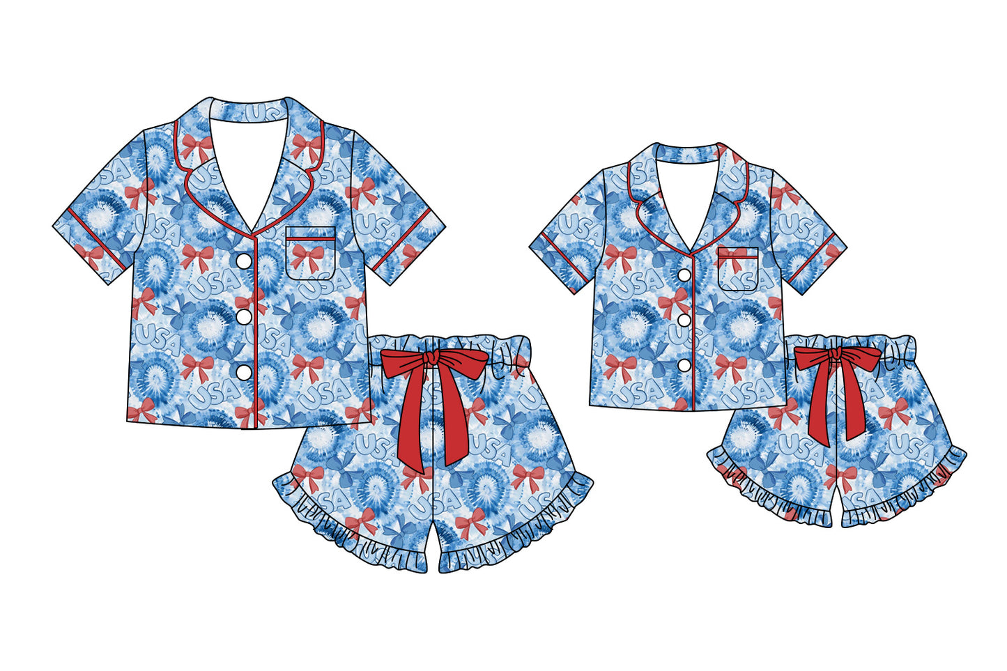 ( Moq 5 Each Style ) Baby Girl Adult Women Bows 4th of July Shirt Shorts Sibling Mommy And Me Family Pajamas Sets