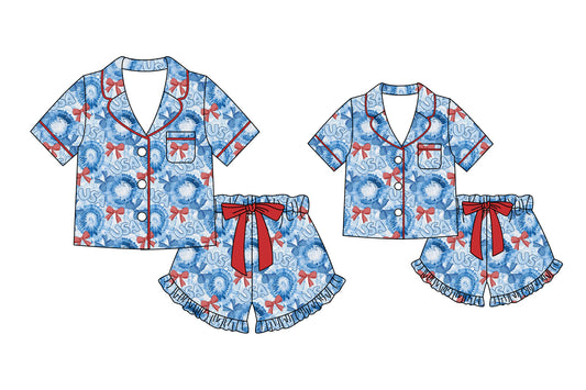 ( Moq 5 Each Style ) Baby Girl Adult Women Bows 4th of July Shirt Shorts Sibling Mommy And Me Family Pajamas Sets
