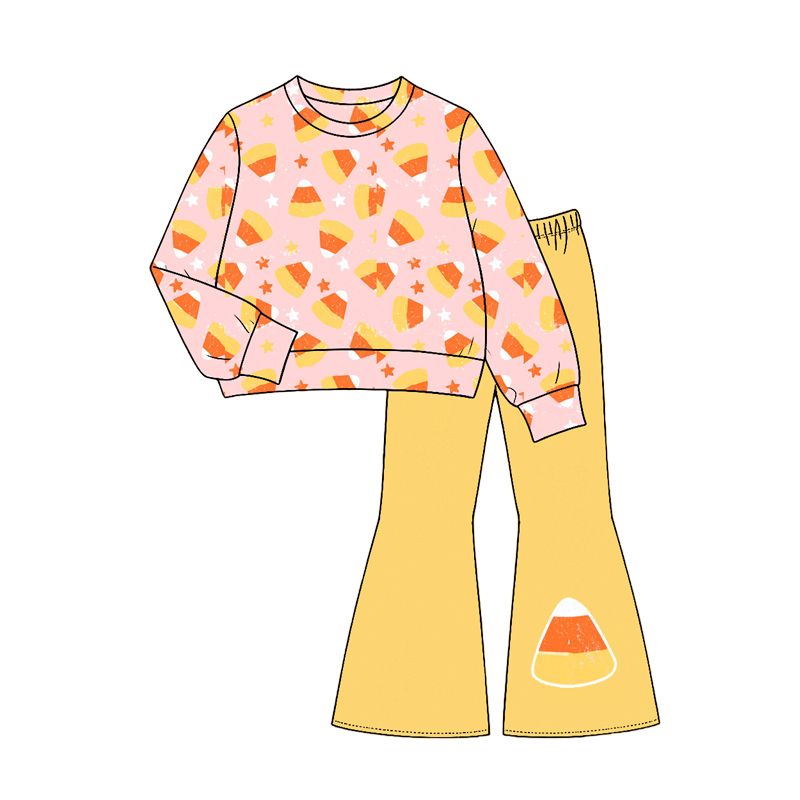 ( Moq 5 ) Preorder Baby Girls Kids Long Sleeves Candy Corn Shirt Bell Pants Halloween Set Clothes