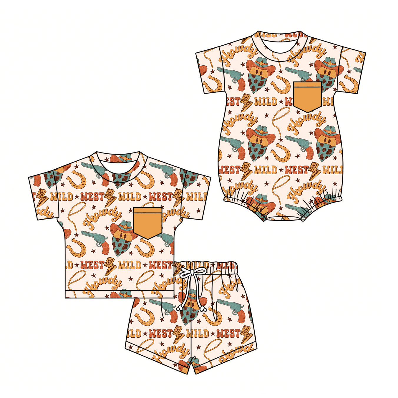 ( Moq 5 Each Style ) Sibling Baby Boys Kids Short Sleeves Western Tops Shorts Set Romper