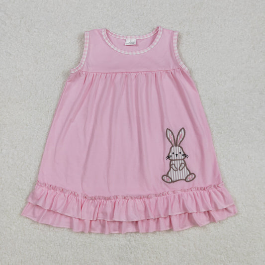 Baby Girl Sleeveless Embroidery Easter Rabbit Ruffle Knee Length Pink Dress RTS