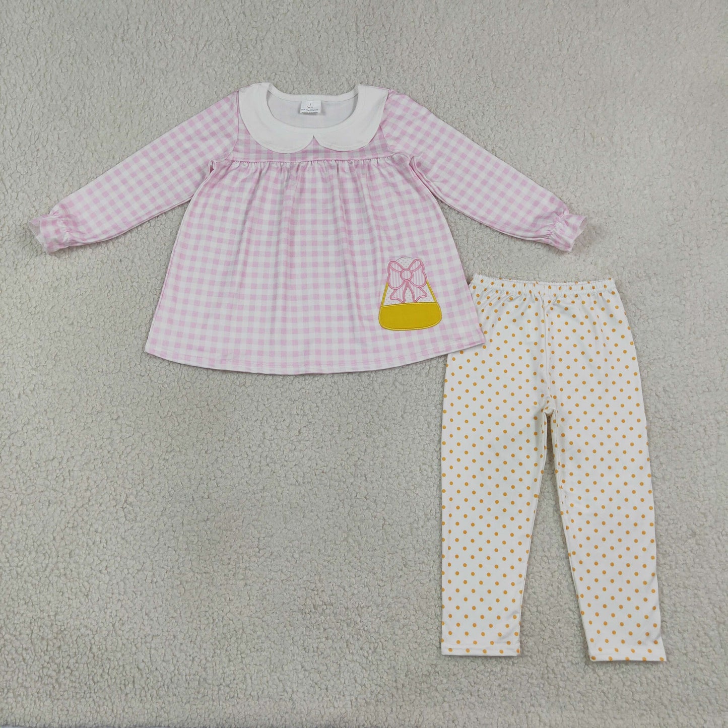Baby Girls Kids Pink Plaid Bows Candy Tunic Pants Embroidery Set Halloween Clothes RTS