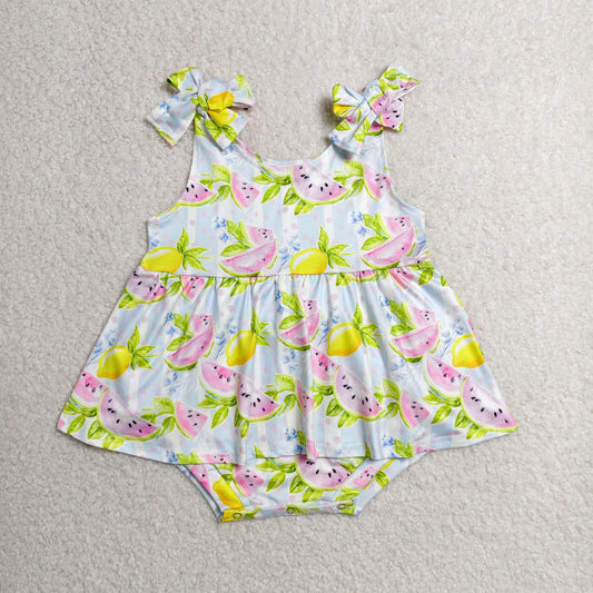 Baby Girls Infant Sleeveless Fruits Blue Stripes Summer Ruffle Romper RTS