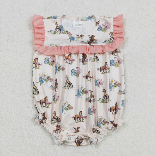 Baby Girl Infant Western Horse Flower Bubble Ruffle Romper RTS