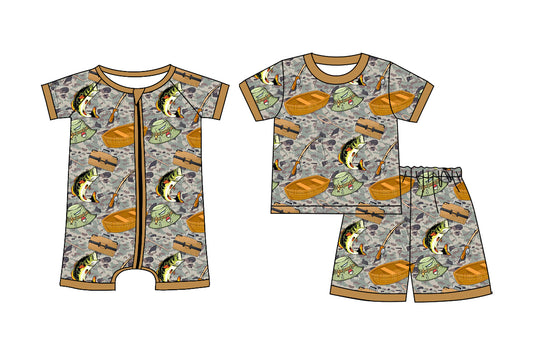 ( Moq 5 Each Style ) Sibling Baby Boys Kids Fishing Hats Shirt Shorts Set Romper