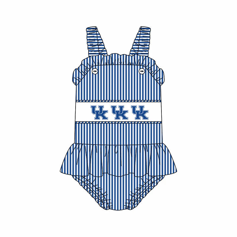 ( Moq 5 ) Baby Girls Kids Sleeveless UK Blue Stripes Team Ruffle Bubble Romper