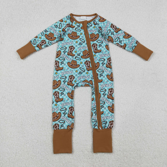 Baby Boy Long Sleeves Western Howdy Boots Hats Zipper Romper RTS