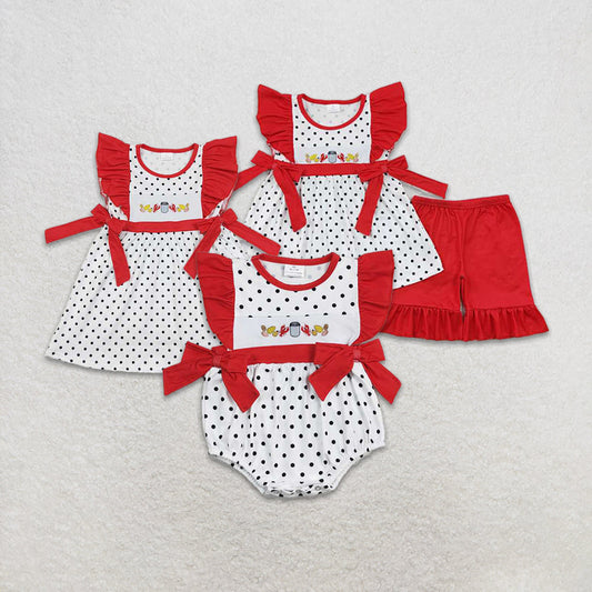 Baby Girl Short Sleeves Embroidery Crawfish Dots Sibling Romper Dress Set RTS