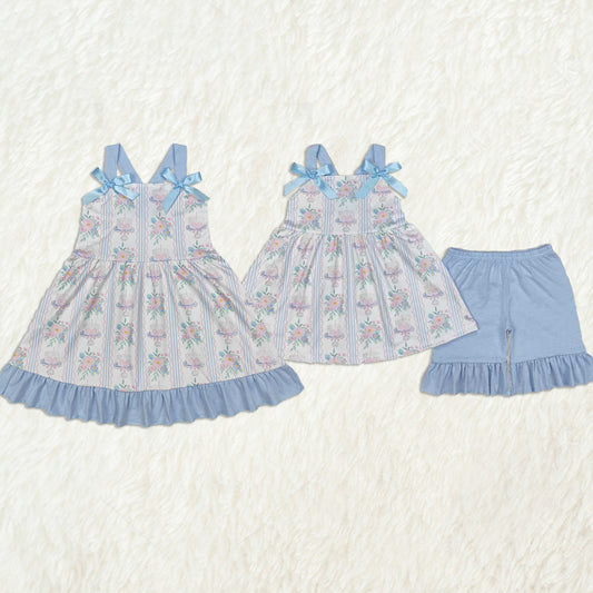 Baby Girl Straps Flower Cakes Bows Sibling Blue Dress Set Clothes RTS