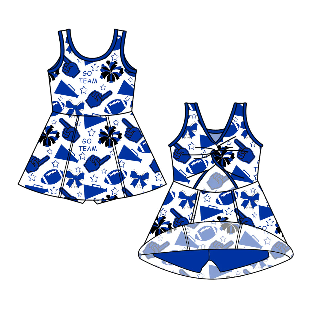( Moq 5 ) Baby Girl Toddler Sleeveless Football Blue Bows Cheer Skort Dress 6.7