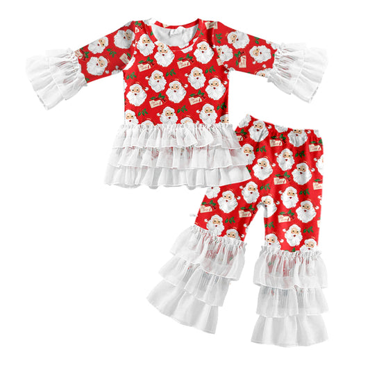 Baby Girl Christmas Santa Red Tops Lace Pants Set