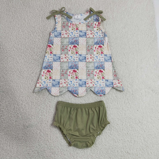 Baby Girls Kids Sleeveless Flower Plaid Scallop Tops Green Bummie Shorts Set RTS