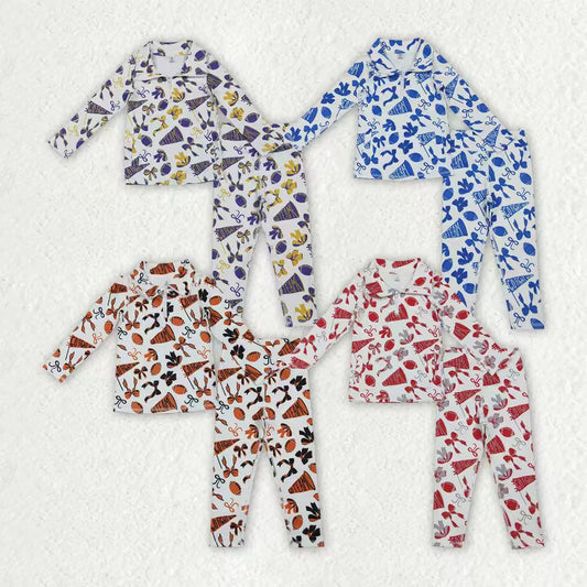 Sibling Baby Girl Long Sleeves Football Bows Team Cheer Zipper Shirt Pants Yoga Active Sets RTS