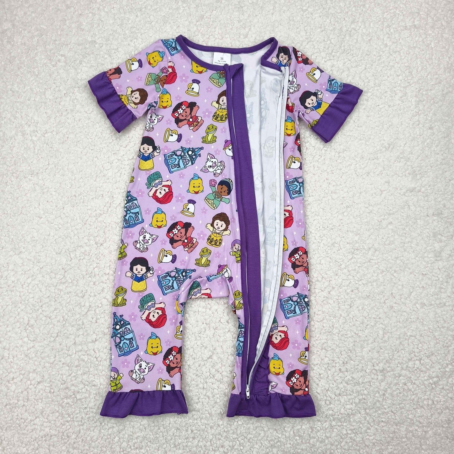 Baby Girl Infant Short Sleeves Cartoon Princess Zipper Purple Romper RTS