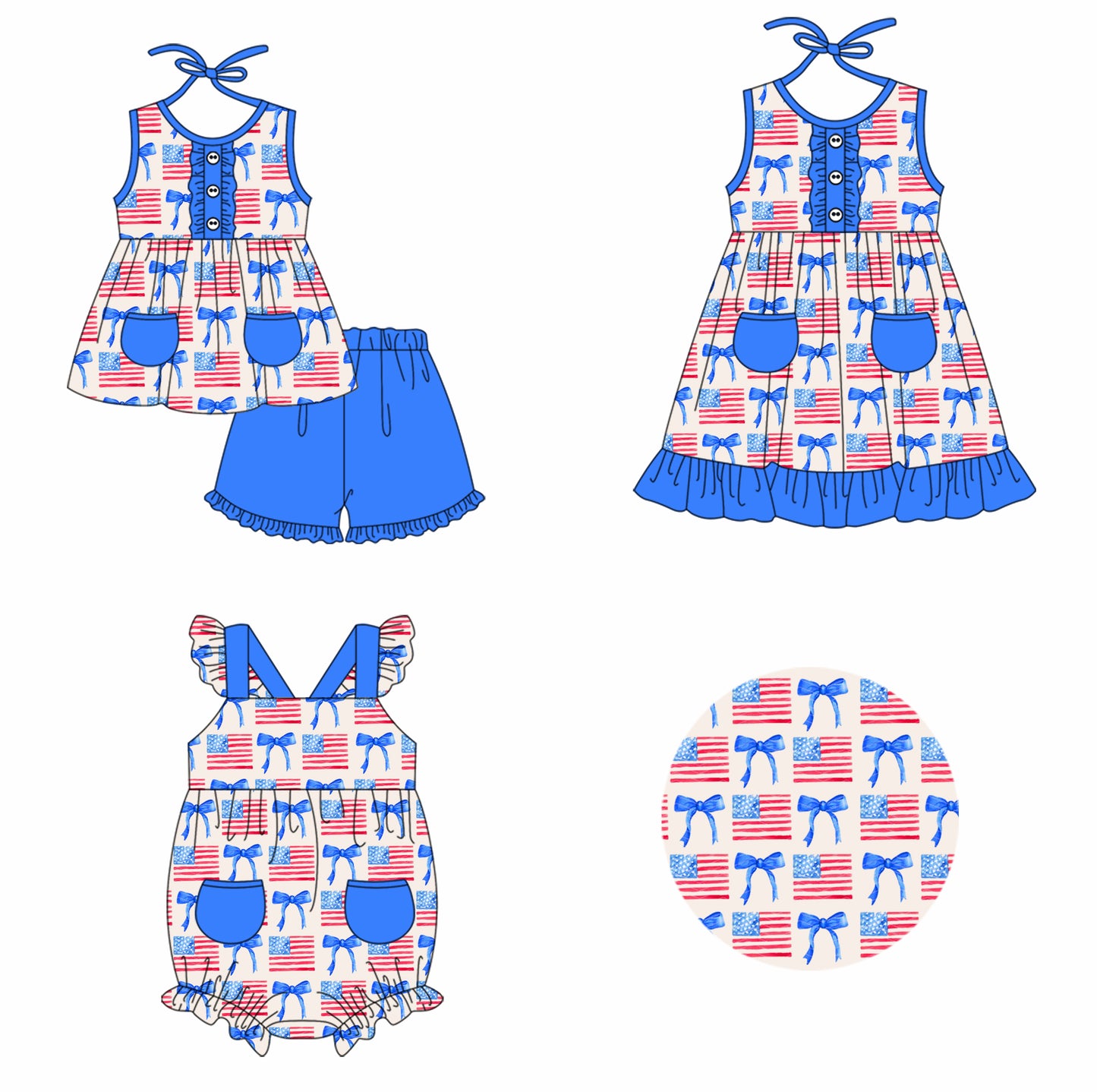 Baby Girl July 4th Flag Bows Sibling Summer Romper Dress Clothes Set ( Moq 5 Each Design )11.23