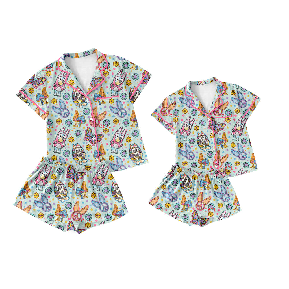 Baby Girl Toddler Adult Women Short Sleeves Easter Dogs Rabbits Shorts Sibling Family Shorts Pajamas Set ( Moq 5 Each Style )12.3