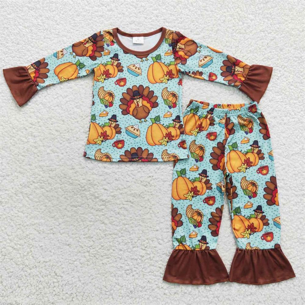 GLP0684 Baby Girl Long Sleeves turkey Pumpkin Pie Pants Thanksgiving Pajamas Outfit