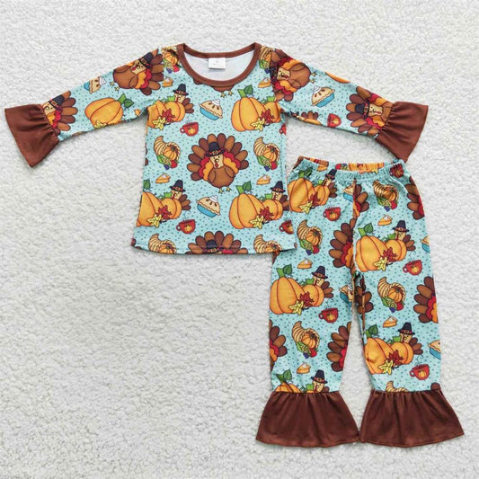 GLP0684 Baby Girl Long Sleeves turkey Pumpkin Pie Pants Thanksgiving Pajamas Outfit
