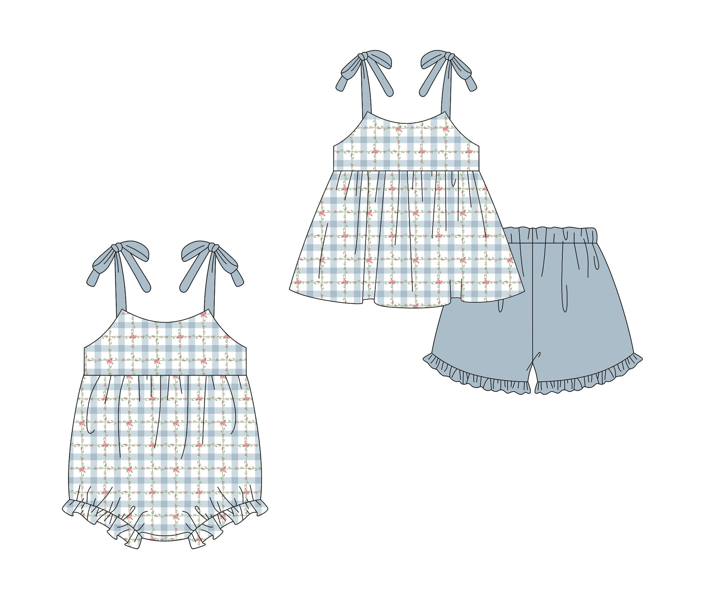 Baby Girl Straps Floral Blue Checked Sibling Romper Set ( Moq 5 Each Style ) 2.14