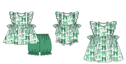 Baby Girl Short Sleeves Green Bows Sibling Romper Dress Clothes Set ( Moq 5 Each Design ) 11.27