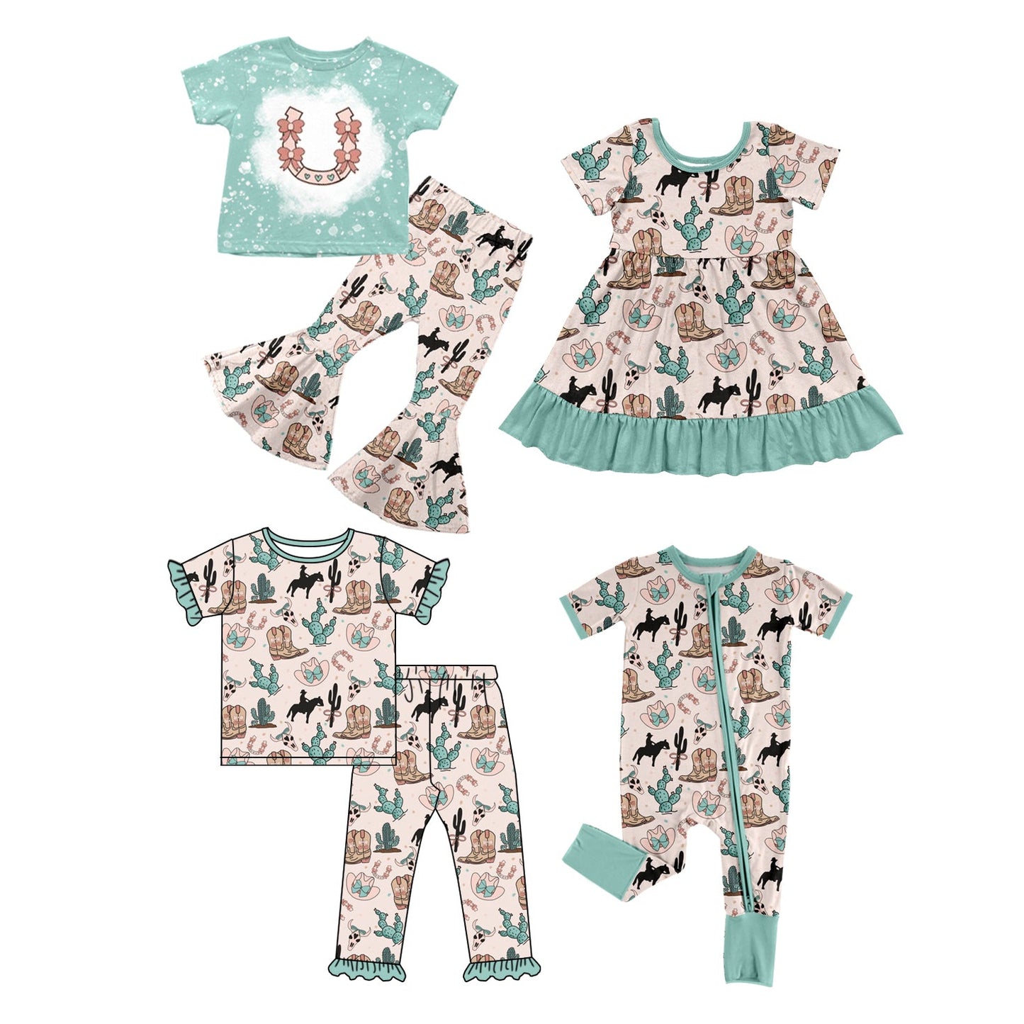 Baby Girl Short Sleeves Western Bows Boots Cactus Sibling Romper Dress Set ( Moq 5 Each Style ) 12.20