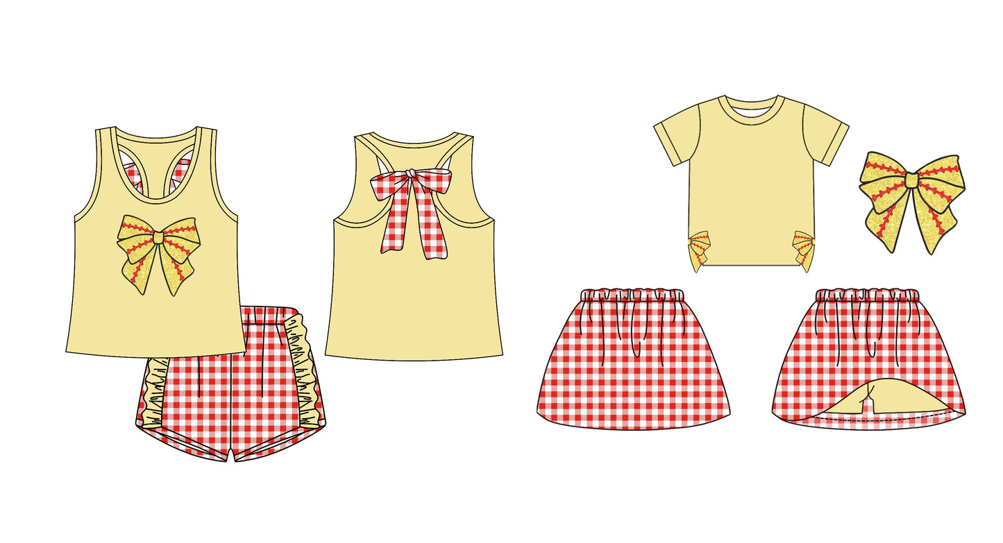 Baby Girl Summer Sibling Softball Plaid Skort Shorts Set ( Moq 5 Each Design ) 12.18