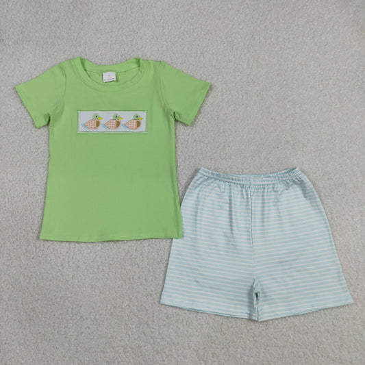 Baby Boys Kids Green Embroidery Ducks Shirt Stripes Shorts Set Clothes RTS