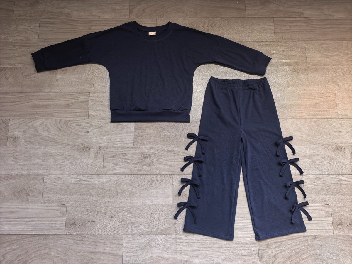 ( No moq ) Preorder Baby Girls Kids Long Sleeves Navy Shirt Bows Pants Set Cotton Clothes