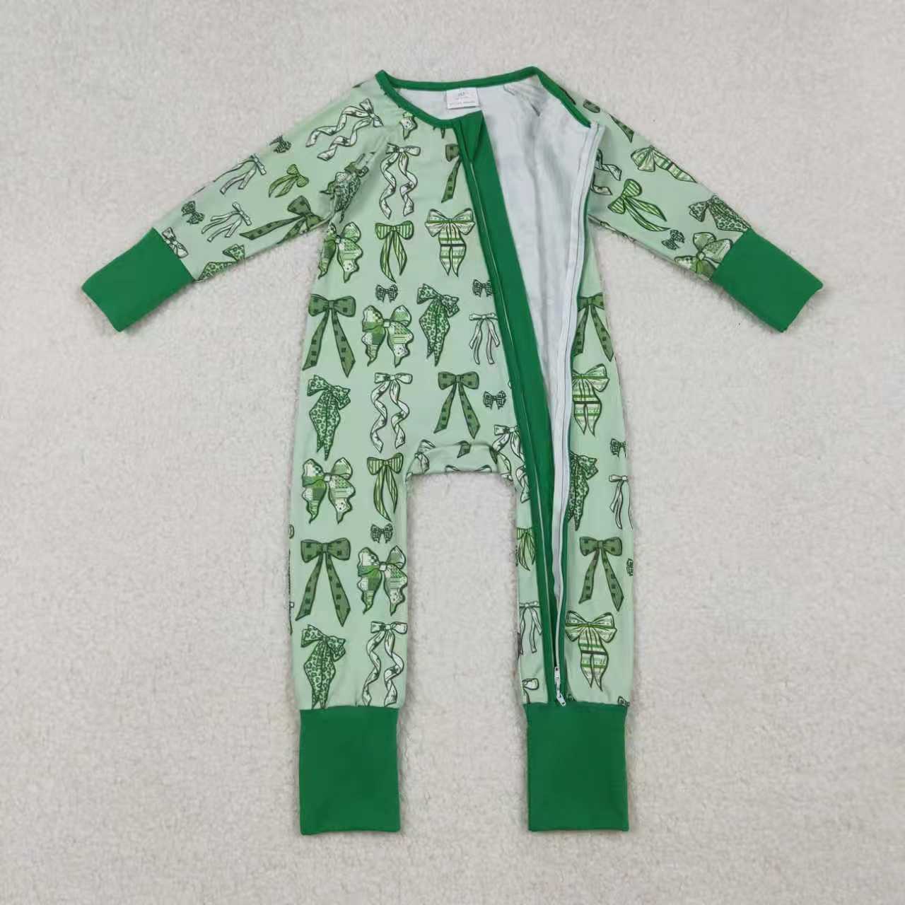 Sibling Girls Kids Long Sleeves Green Clovers Bows St Patrick Zipper Romper Pajamas Set RTS