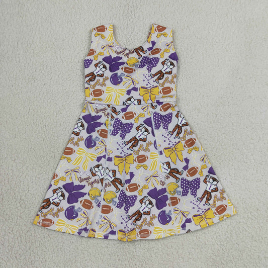 Baby Girls Kids Sleeveless Tigers Bows Football Yoga Team Knee Length Dress RTS
