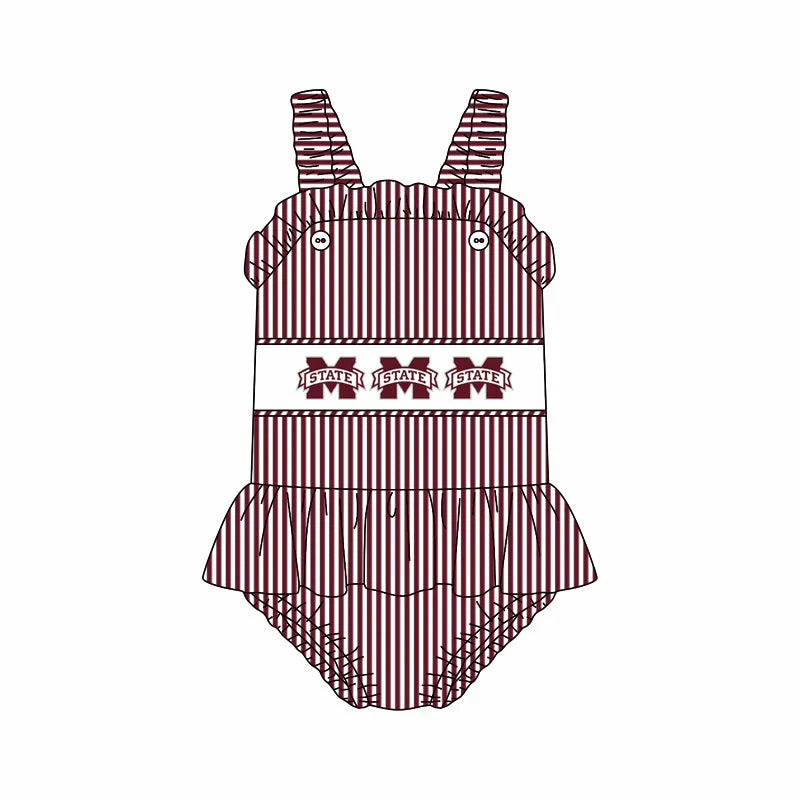 ( Moq 5 ) Baby Girls Kids Sleeveless Stripes State Team Ruffle Bubble Romper