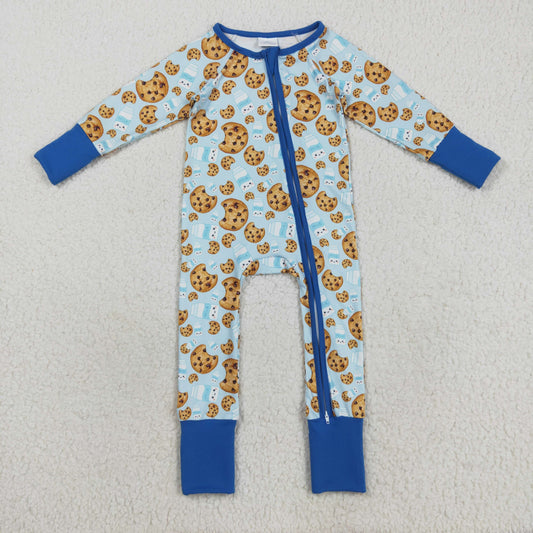 Baby Boy Long Sleeves Cookies Milk Zipper Blue Pajamas Romper RTS