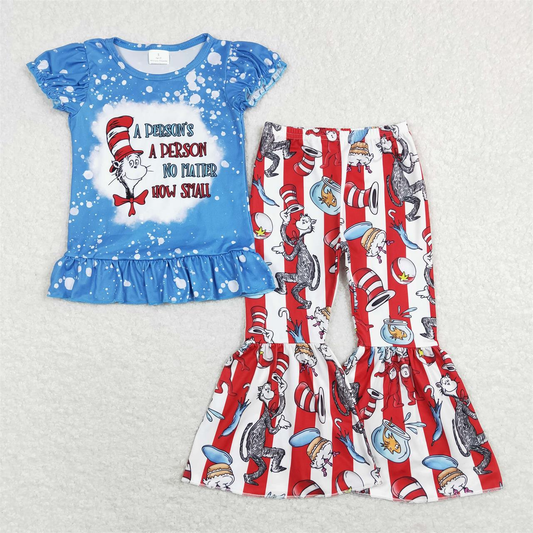 GSPO1093 Baby Girl Short Sleeves Dr Reading Shirt Stripes Bell Pants Set