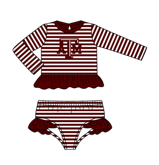 ( Moq 5 ) Baby Girls Long Sleeves ATM Ruffle Tops Stripes Shorts Team Set Swimsuit