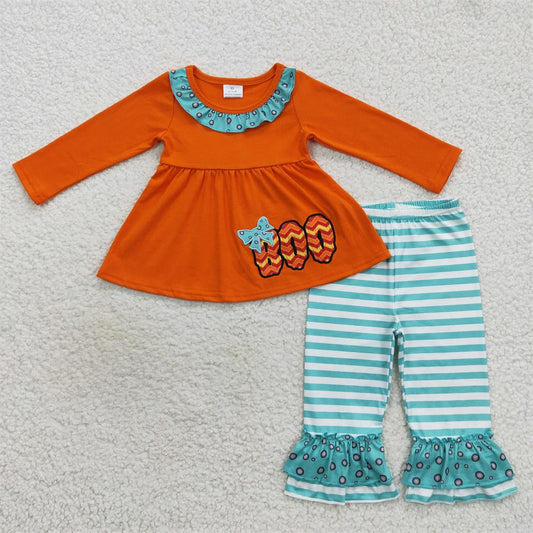GLP0721 Baby Girl Long Sleeves Embroidery Boo Orange Tunic Stripes Pants Halloweenl Outfit