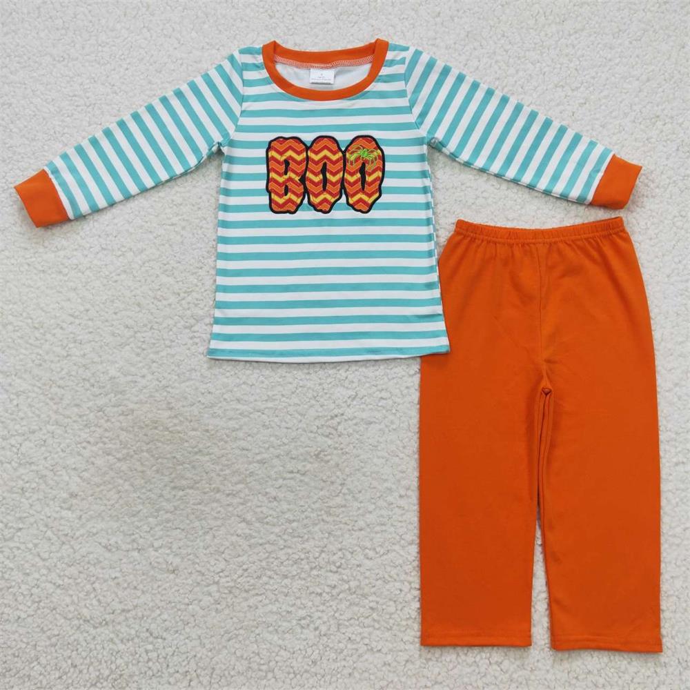 GLP0721 Baby Girl Long Sleeves Embroidery Boo Orange Tunic Stripes Pants Halloweenl Outfit