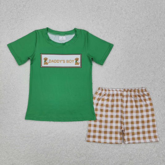 Baby Kids Short Sleeves Daddy's Boy Dogs Green Shirt Plaid Shorts Clothes Set