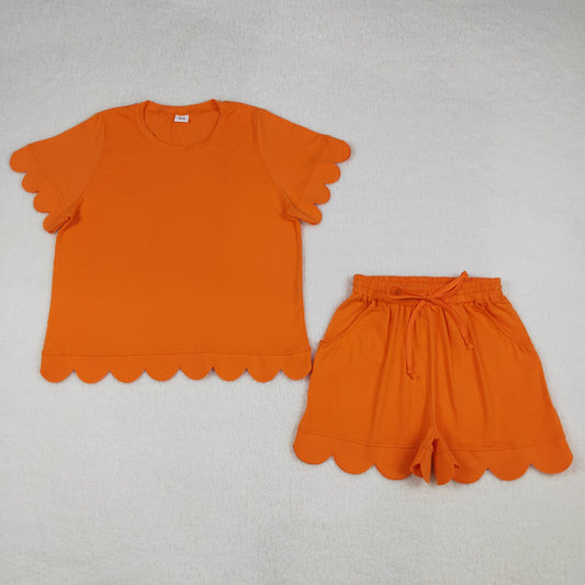 Adult Women Orange Short Sleeves Scallop Shirt Shorts Pajamas Cotton Clothes Set RTS