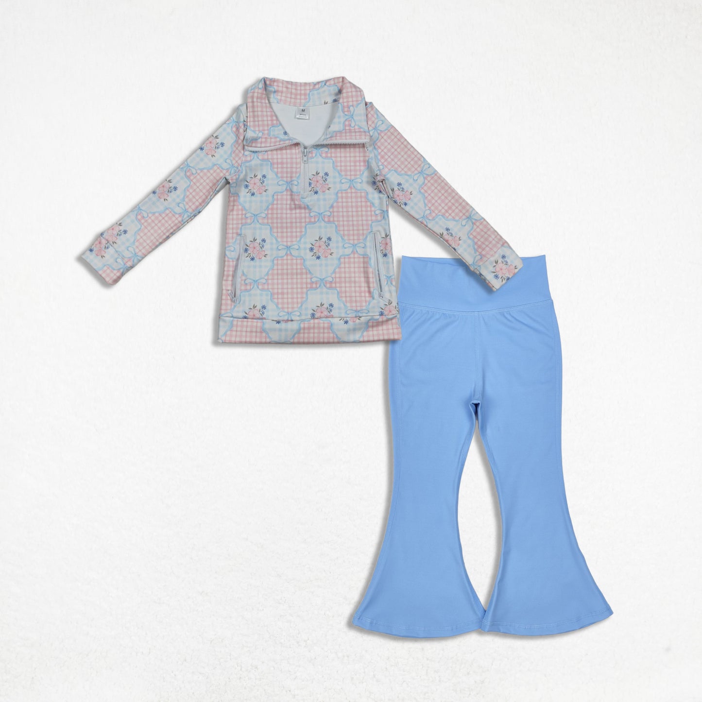 Kids Girls Long Sleeves Flower Plaid Zipper Pockets Cardigan Blue Pants Yoga Active Set RTS