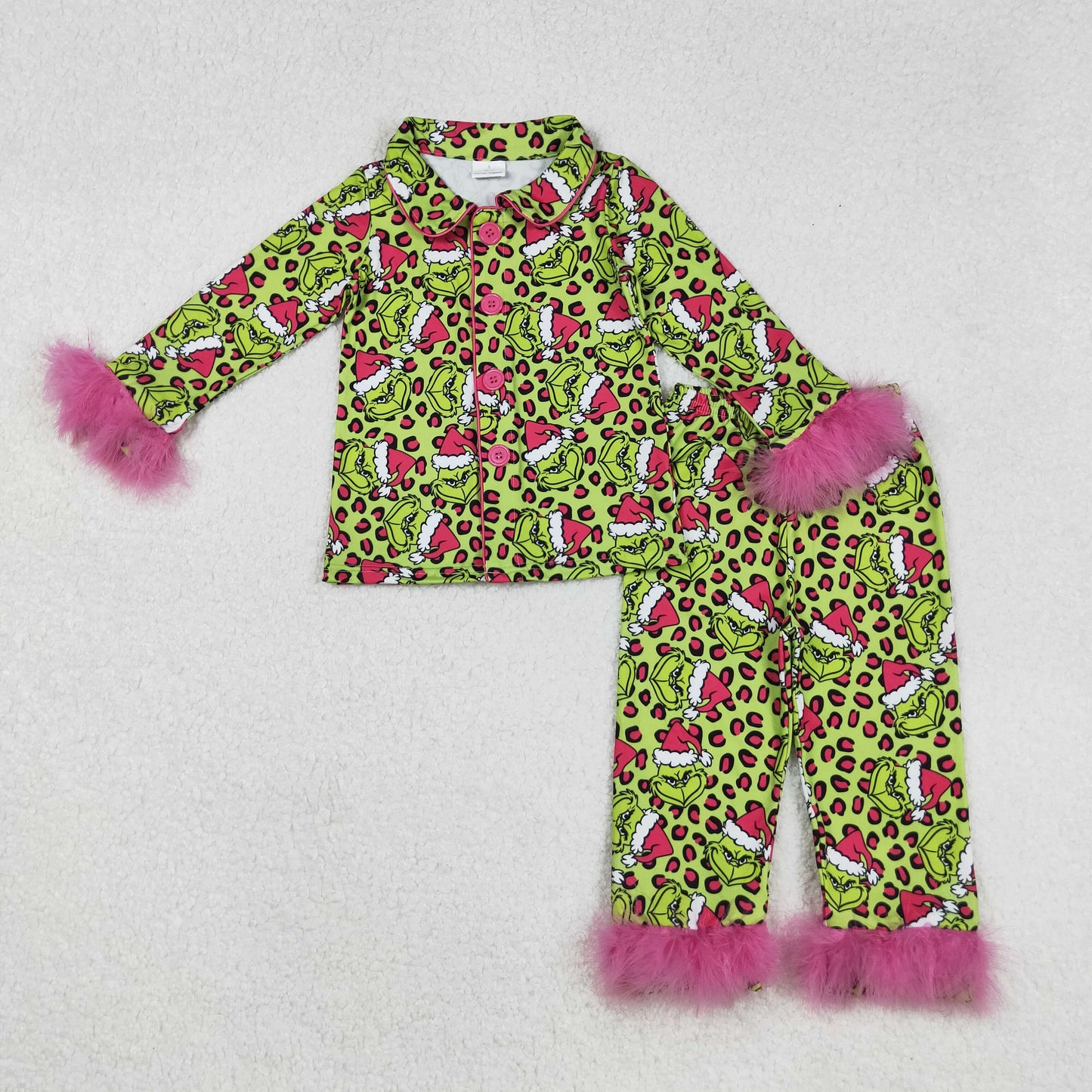 Baby Girl Fur Long Sleeves Green Face Leopard Buttons Shirt Pants Christmas Pajamas Set RTS