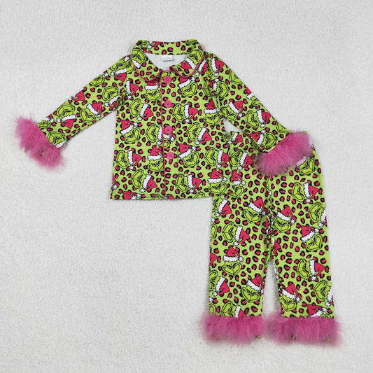 Baby Girl Fur Long Sleeves Green Face Leopard Buttons Shirt Pants Christmas Pajamas Set RTS