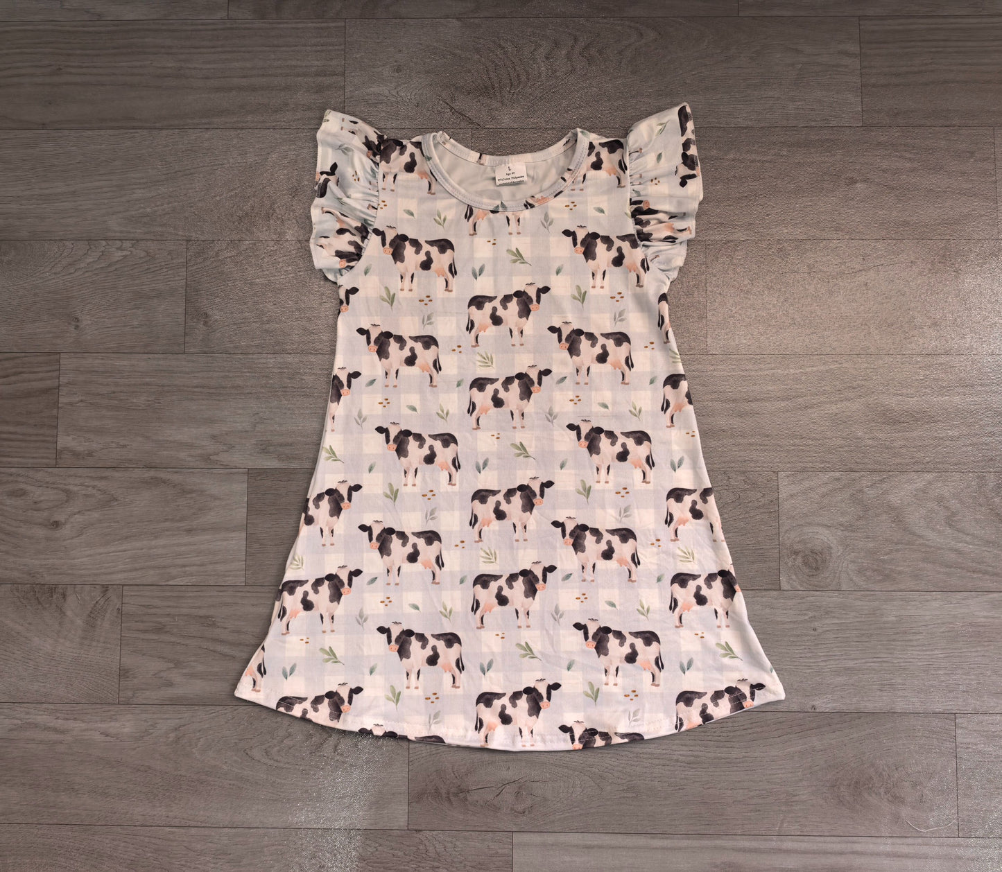 ( No moq ) Preorder Baby Girls Short Sleeves Cows Blue Plaid Knee Length Dress