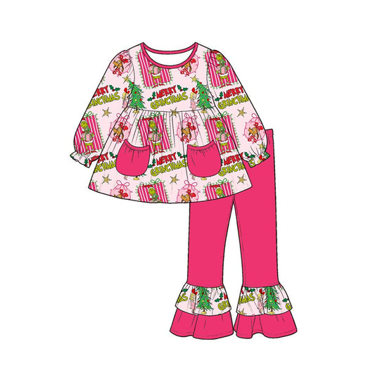 ( Moq 5 ) Preorder Baby Girl Kids Christmas Face Bows Pockets Tunic Pink Pants Set Clothes